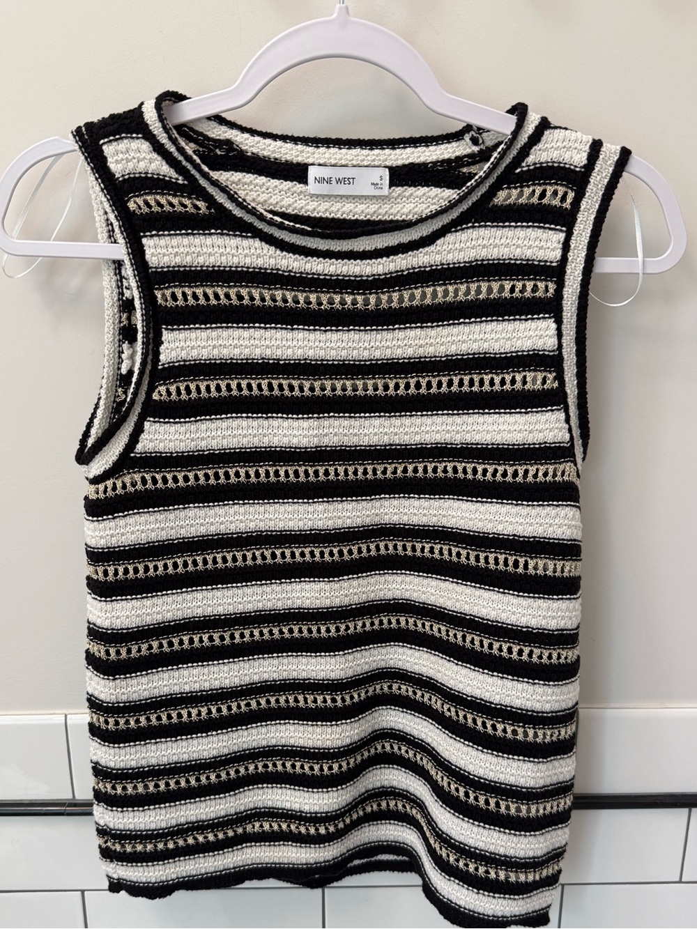 Nine West Black, White & Metallic Striped Knit Tank